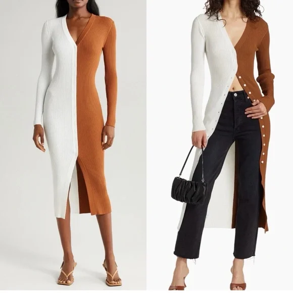 STAUD Two-Tone White and Brown sweaterDress